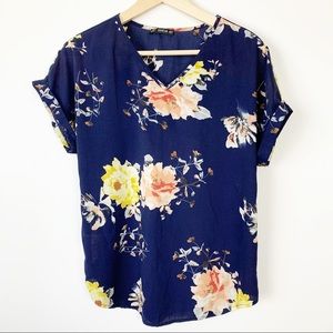 Shein blouse top navy floral shirt sleeve large